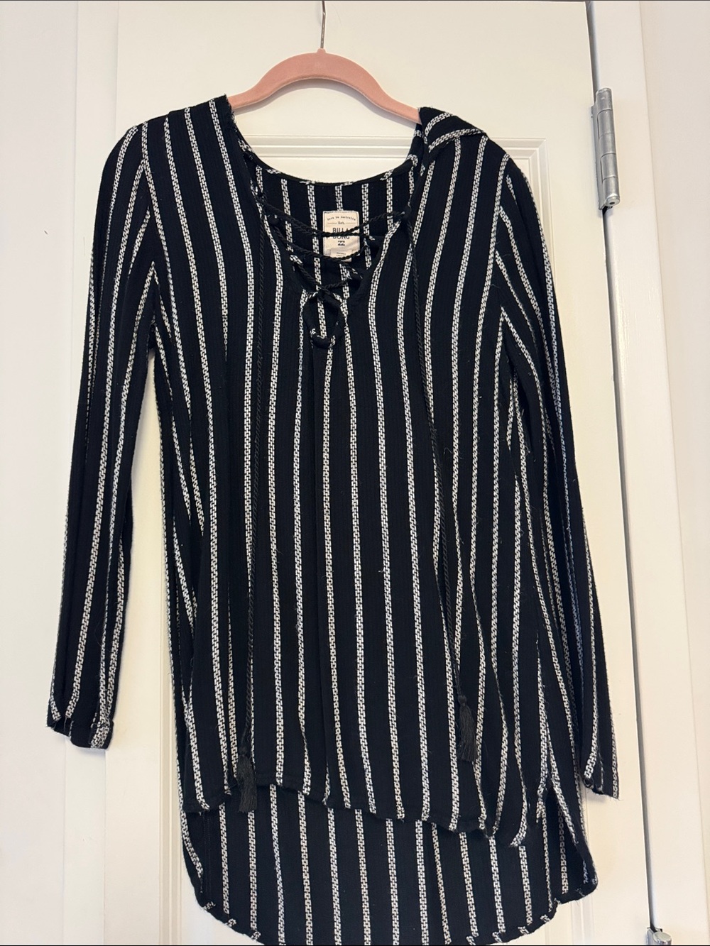 Billabong Black and White Striped Lace-Up Long Sleeve Tunic